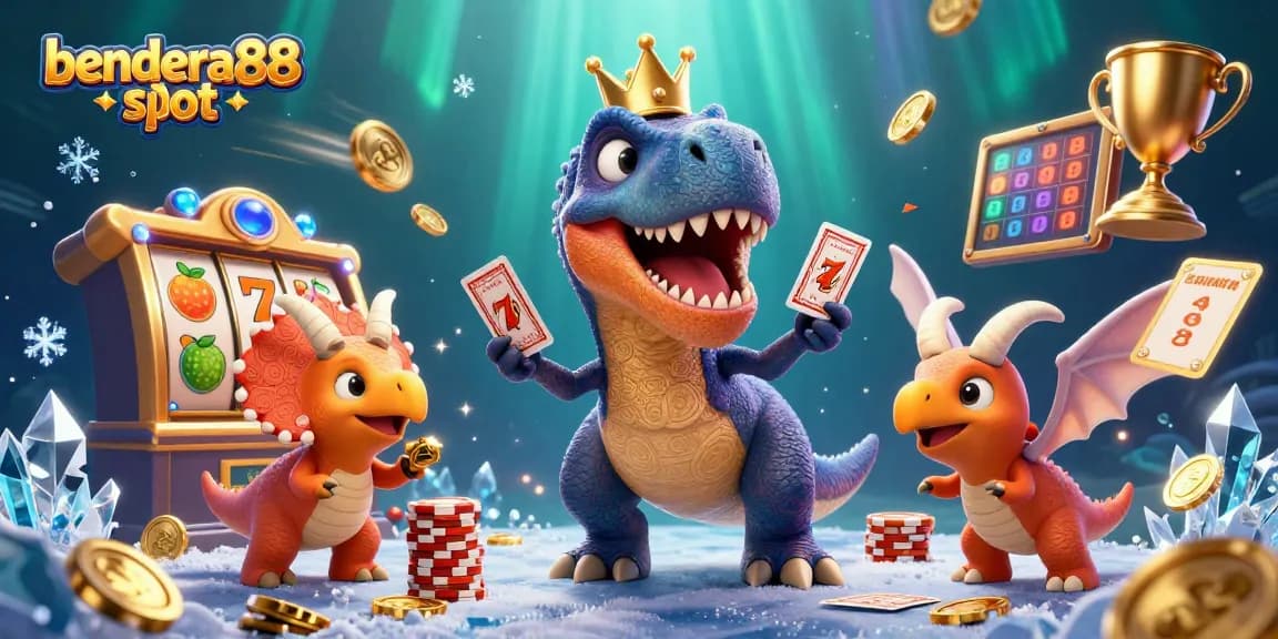 bendera88 slot menghadirkan T-Rex yang bermain kartu, triceratops menumpuk chip emas, dan elemen kasino yang dinamis.