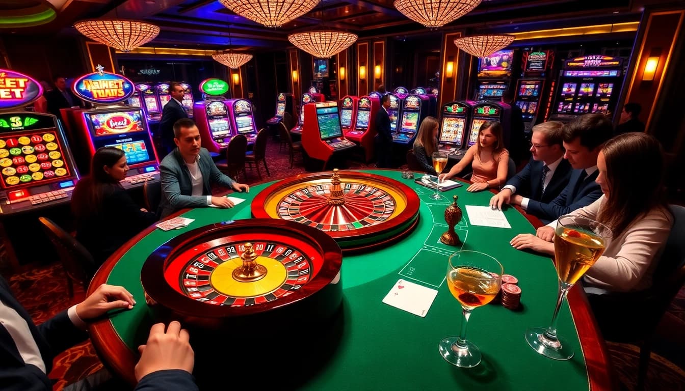 Betting at https://thabets.it.com/ casino table, with players engaged and roulette spinning.