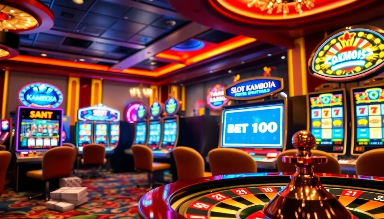 Experience the thrill at Slot Kamboja Bet 100 with exciting machines and vibrant casino atmosphere.