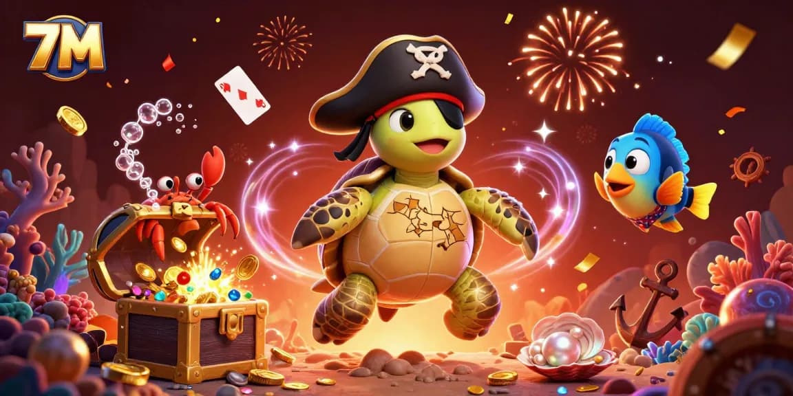 Betting on 7M games with animated pirate-themed characters and casino elements.