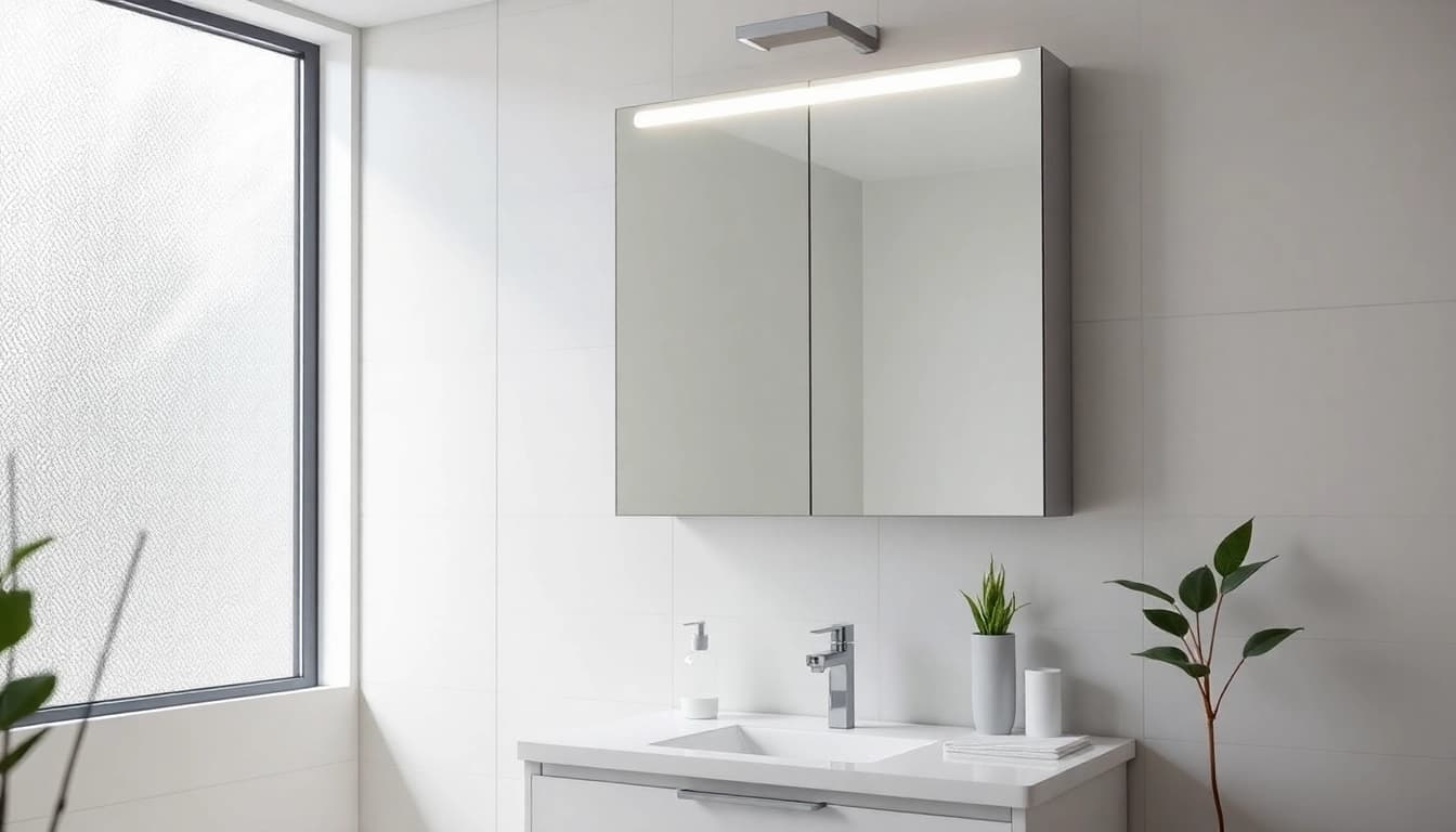 Spiegelschrank mit LED Beleuchtung in modernem Badezimmer mit eleganten Details und natürlichem Licht.