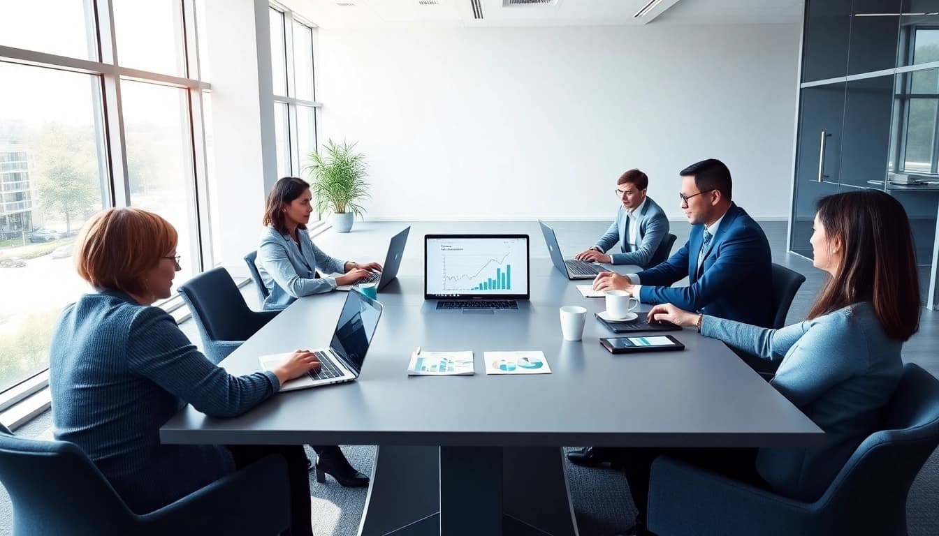 Business Consultants in Dubai discussing strategies in a modern office enriching collaboration.