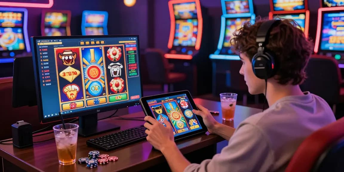 Exciting gameplay of slot77 on a tablet surrounded by vibrant graphics and tokens.