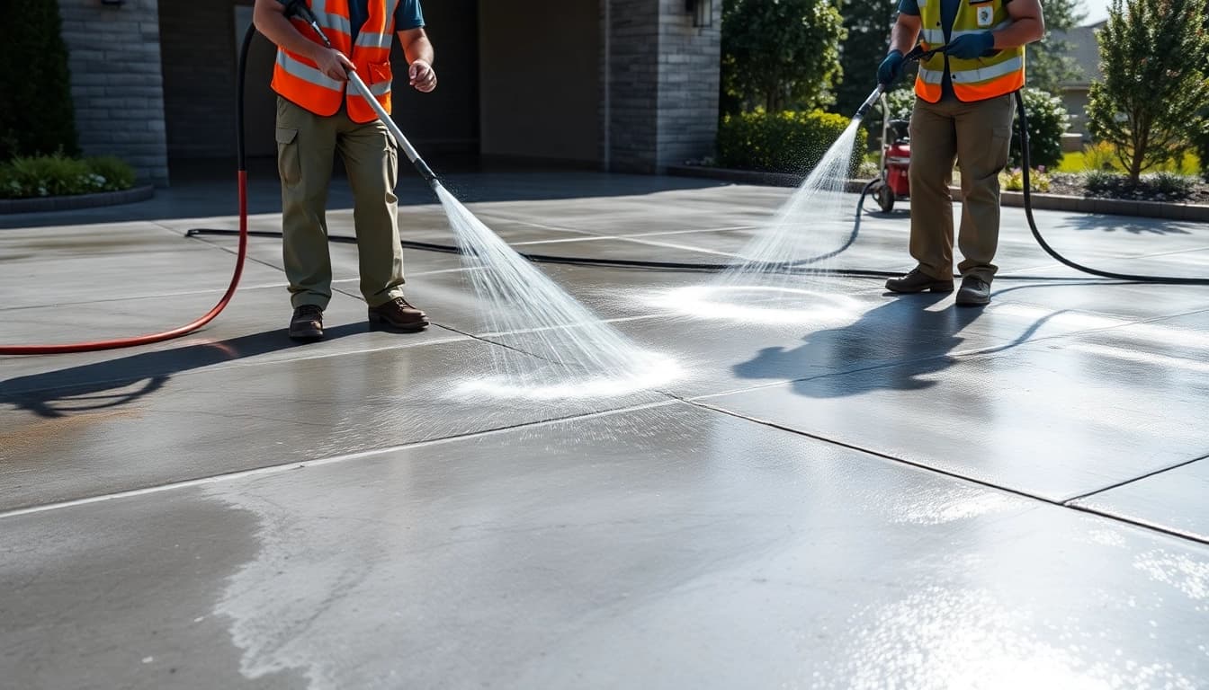 Concrete cleaning in progress, showcasing a professional crew transforming a dirty driveway with high-pressure washing.