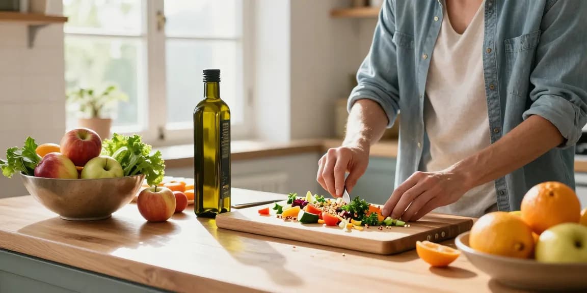 Home cook creating a vibrant salad highlighting the best food tracker ingredients, inspired by fresh vegetables and herbs