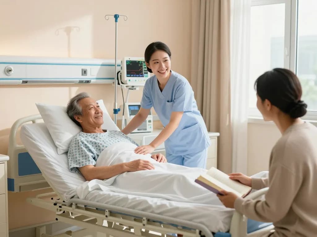 Modern patient bed (giường bệnh nhân) in a hospital room with nurse caring for an elderly patient.