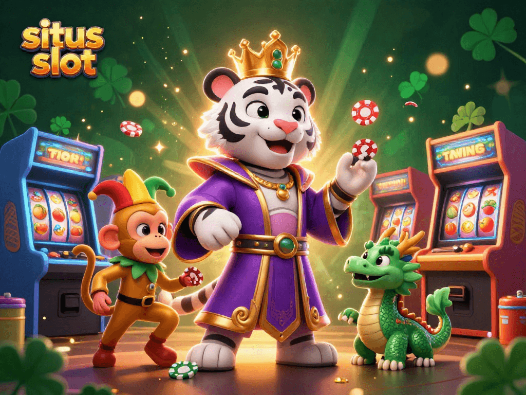 Experience situs slot excitement with an engaging 3D gaming illustration featuring a royal tiger and playful monkey.