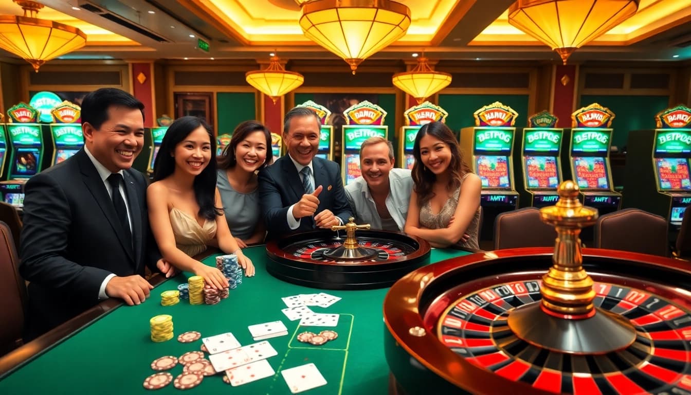 Players enjoying poker at Nhà Cái BJ888 with colorful chips and cards in action.
