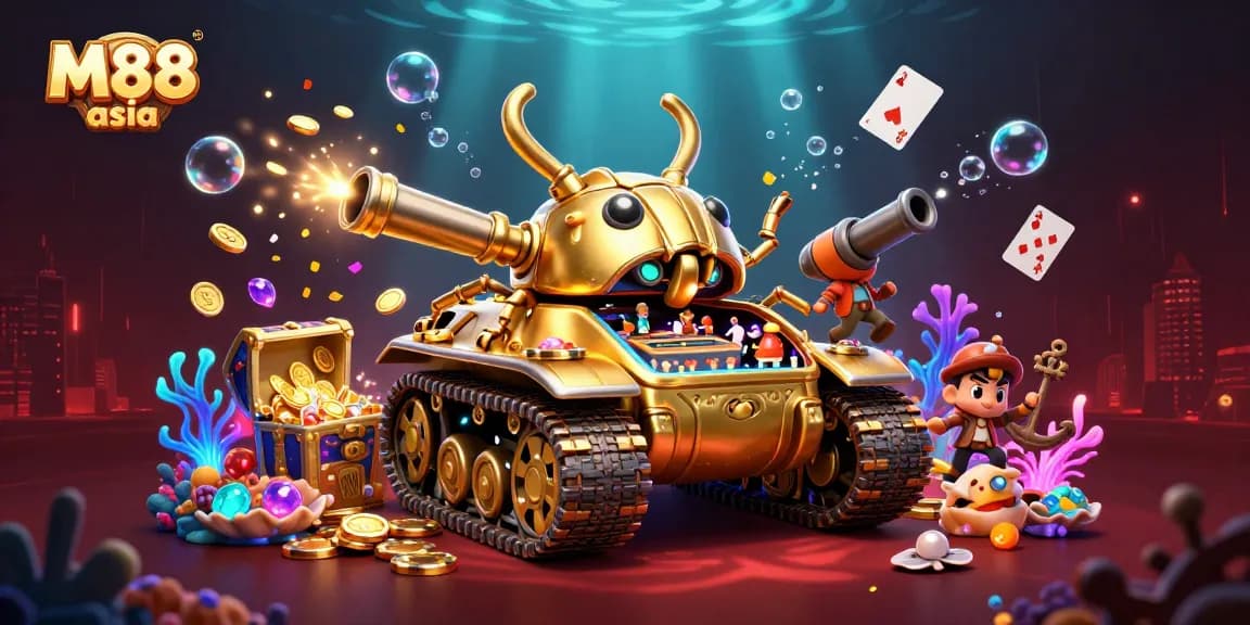 M88 asia captivates players with an exciting 3D casino depiction featuring a golden beetle tank and vibrant game elements.