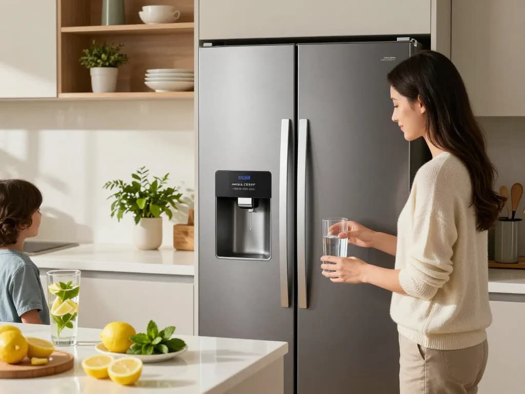 AQUA CREST 469690 ADQ36006101 Refrigerator Water Filter in action as family fills a glass with pure water in a modern kitchen setting.