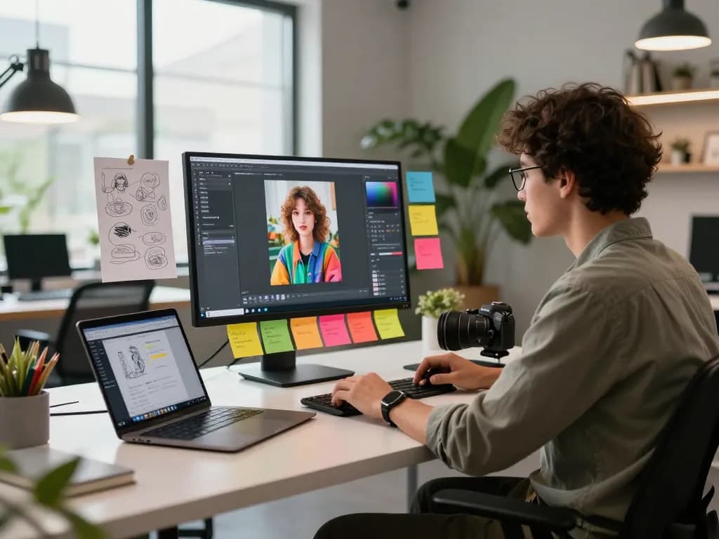 Designer generating AI image to prompt ai in a modern workspace with vibrant decor.