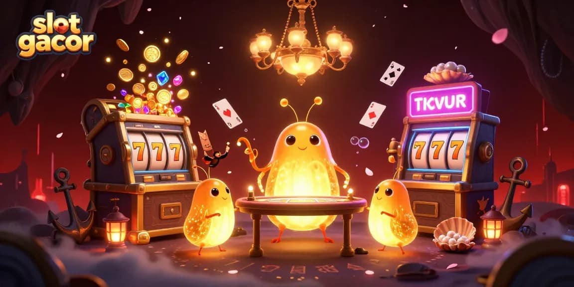 Engage with slot gacor thrills in this animated casino scene featuring vibrant glowworms and slot reels.