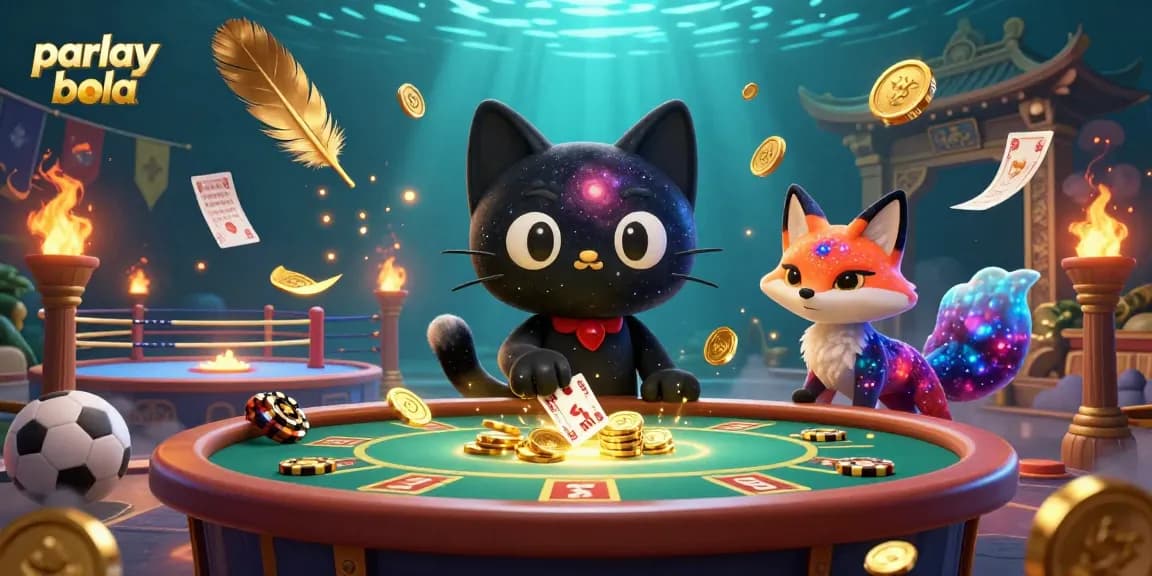 Engage in action with the parlay bola as a cosmic cat gathers betting tokens in a vibrant celestial casino.