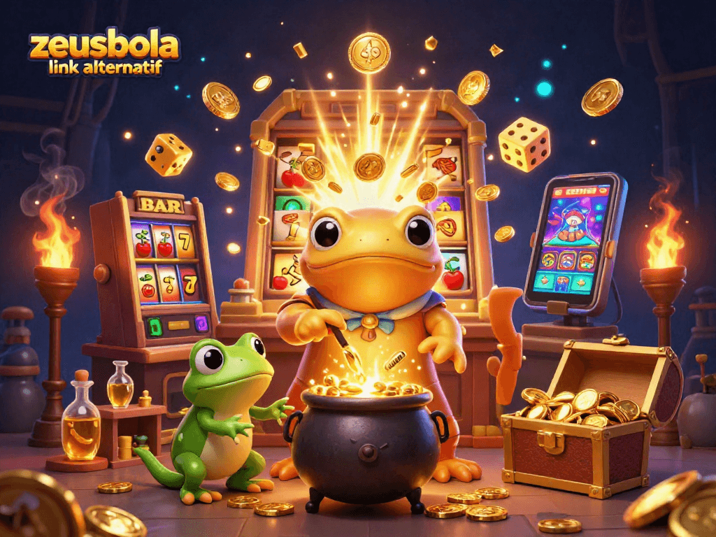 Spin and win with zeusbola link alternatif in a vibrant 3D alchemist casino scene.