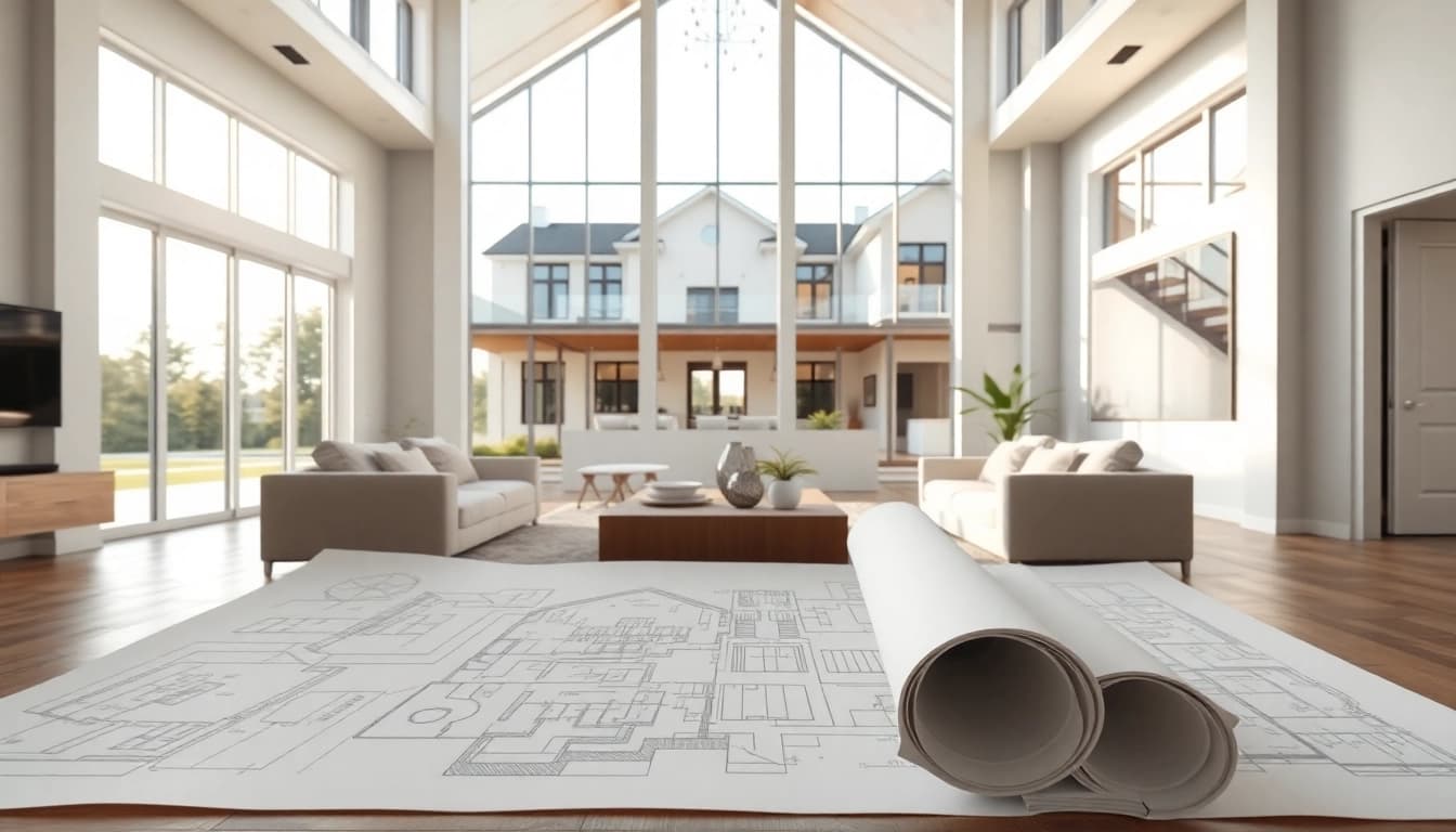 Showcasing custom residential architecture services with innovative living space design and natural lighting.