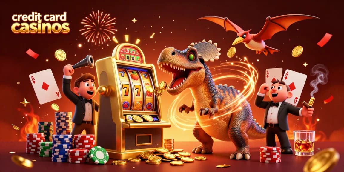 Engaging scene with credit card casinos featuring thematic elements including a slot machine payout, excited characters, and casino symbols.