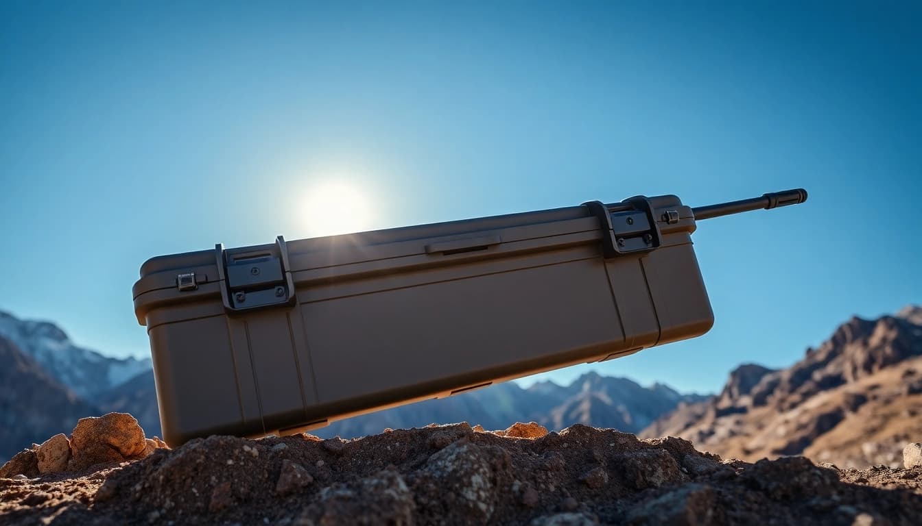 Showcase a pelican rifle case in a rugged outdoor setting, emphasizing durability and functionality.