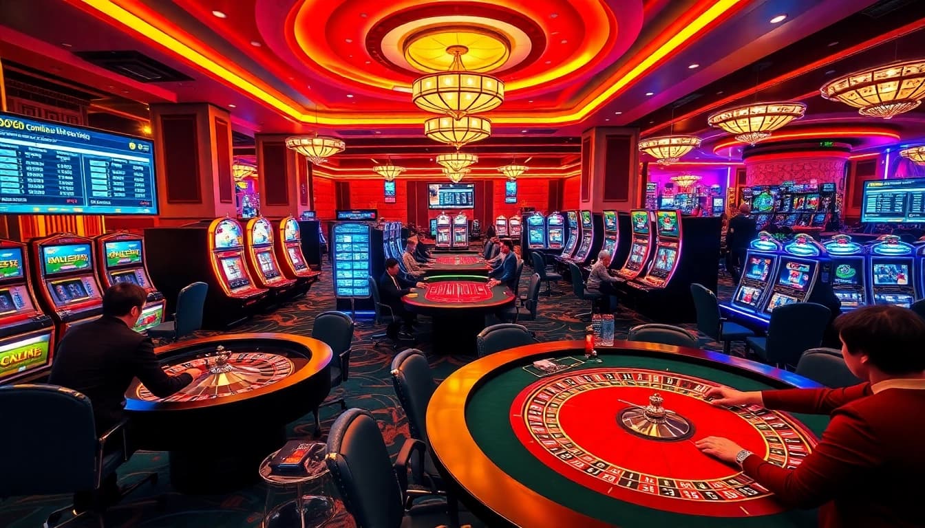 Players engaging in thrilling games at nhà cái vuabai9 casino, surrounded by vibrant slot machines.