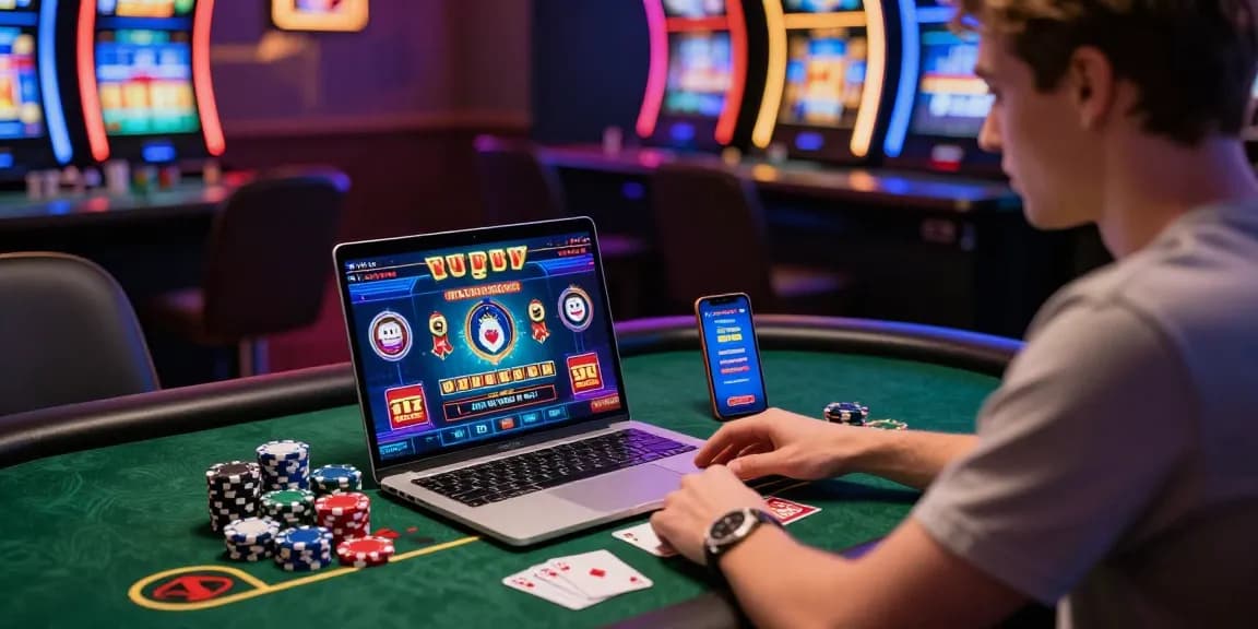 Engaged player at a laptop showcasing uk online credit card casinos in vibrant virtual gaming environment.