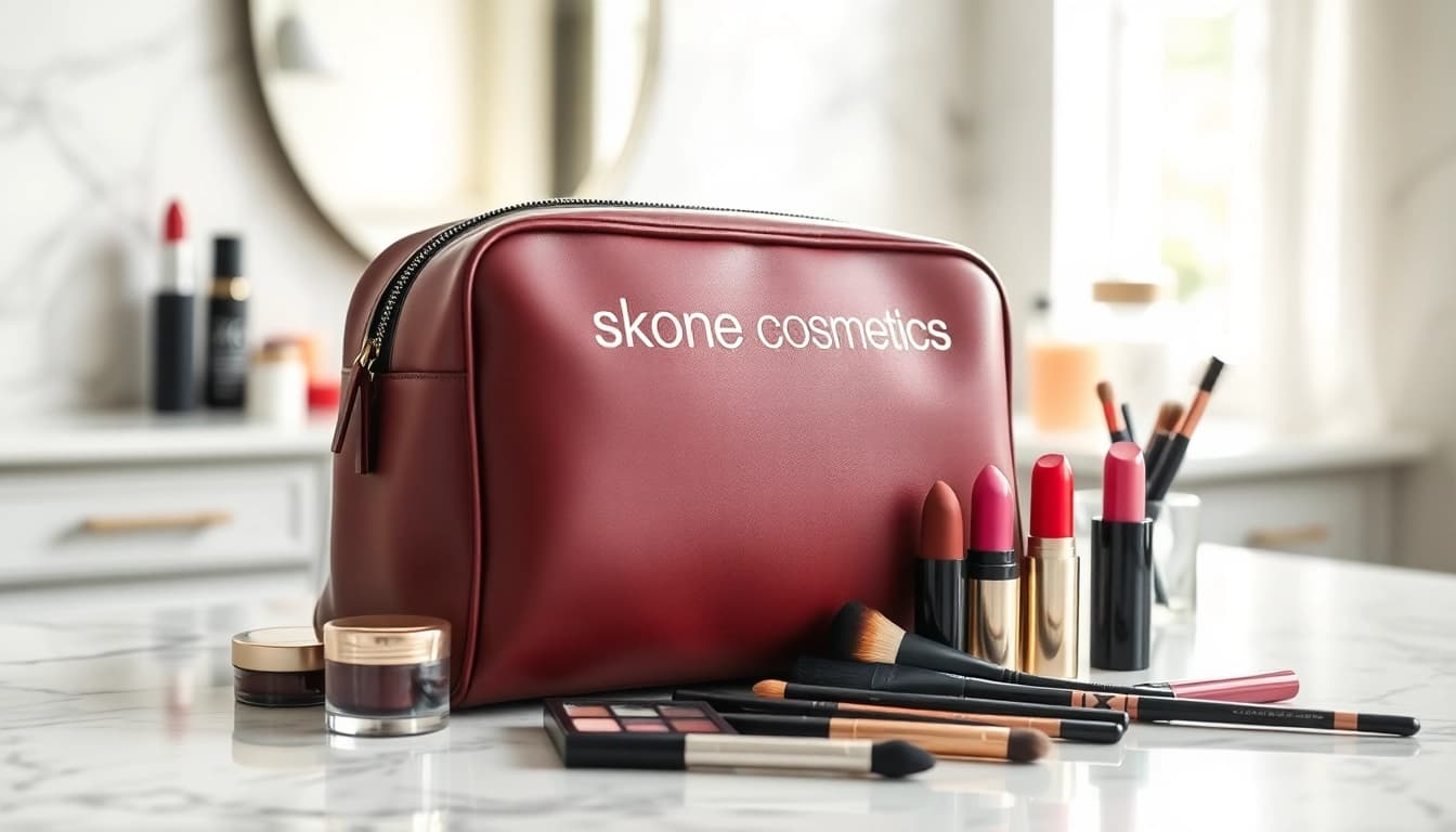 Showcasing the skone cosmetics signature makeup bag with vibrant makeup products on display.