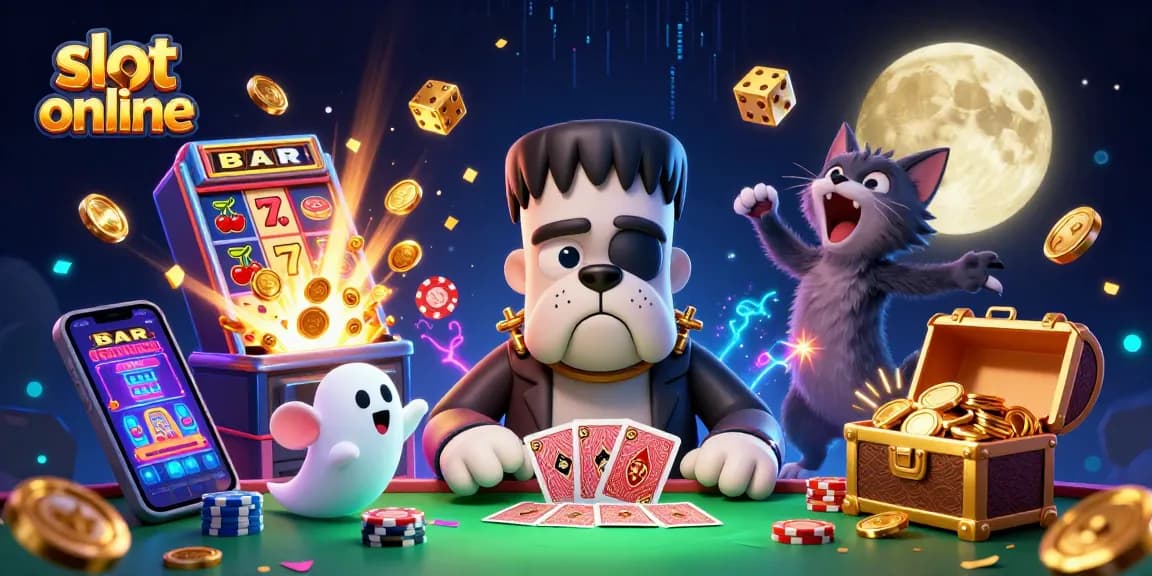 Menangkan permainan slot online dengan kartu, koin emas, dan karakter fantastis dalam ilustrasi 3D menarik.