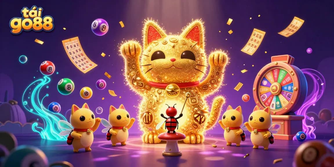 Experience excitement with tải go88 in a vibrant casino scene featuring dynamic elements and a lucky cat.