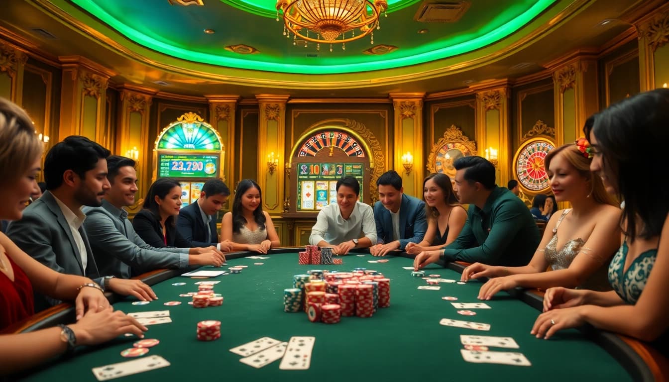 Engaged players thrillingly enjoying the MV88 game at a vibrant casino table with colorful chips.