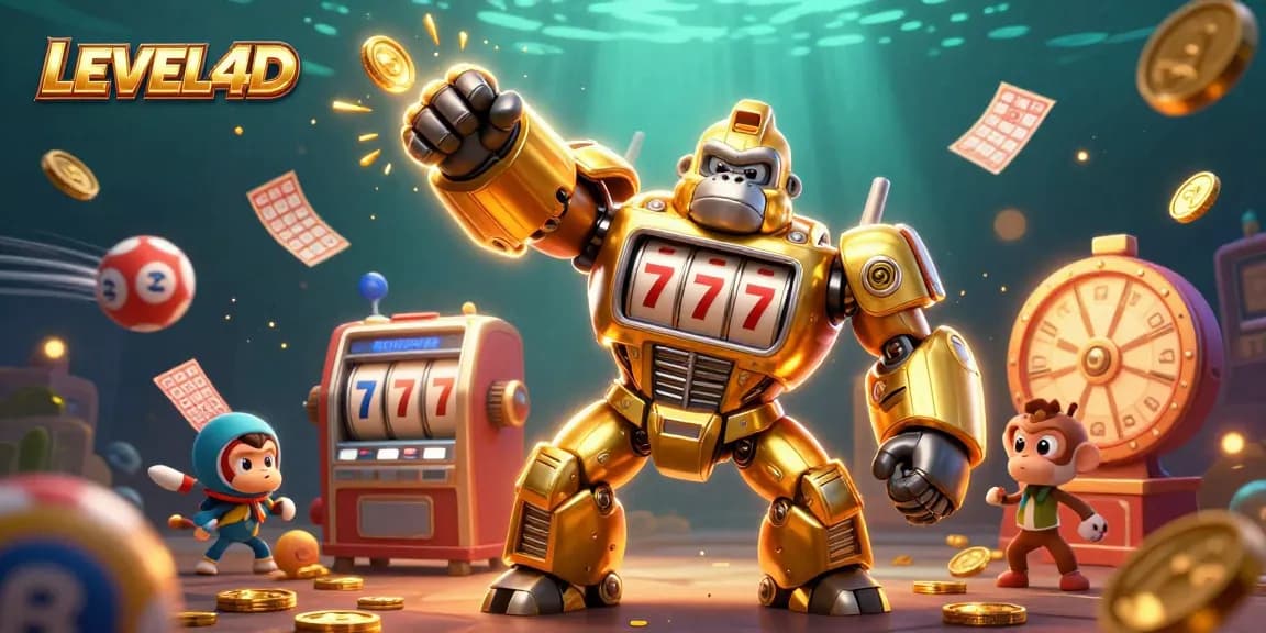 LEVEL4D menghadirkan ilustrasi 3D karakter gorila emas konsep mesin slot yang menarik dengan elemen lotere dan koin emas.