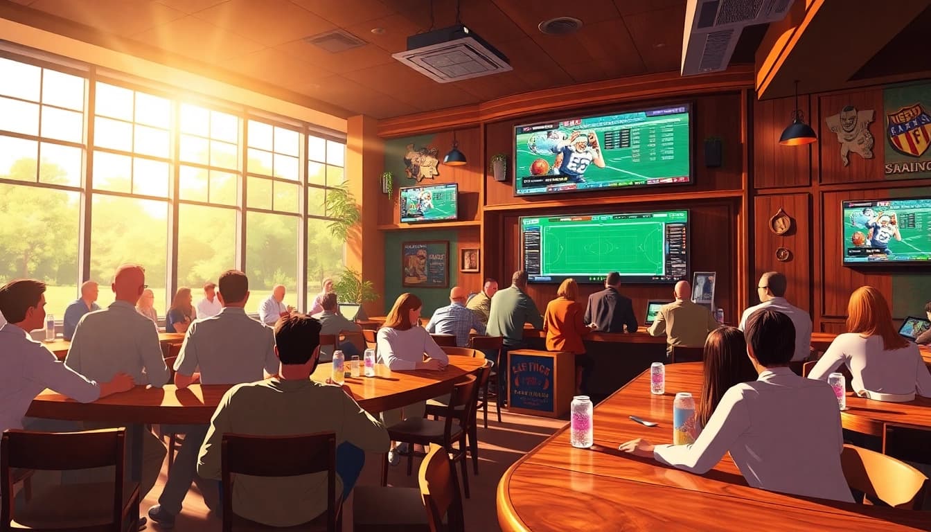 Patrons enjoying online sportsbooks Texas experience in a lively sports bar.