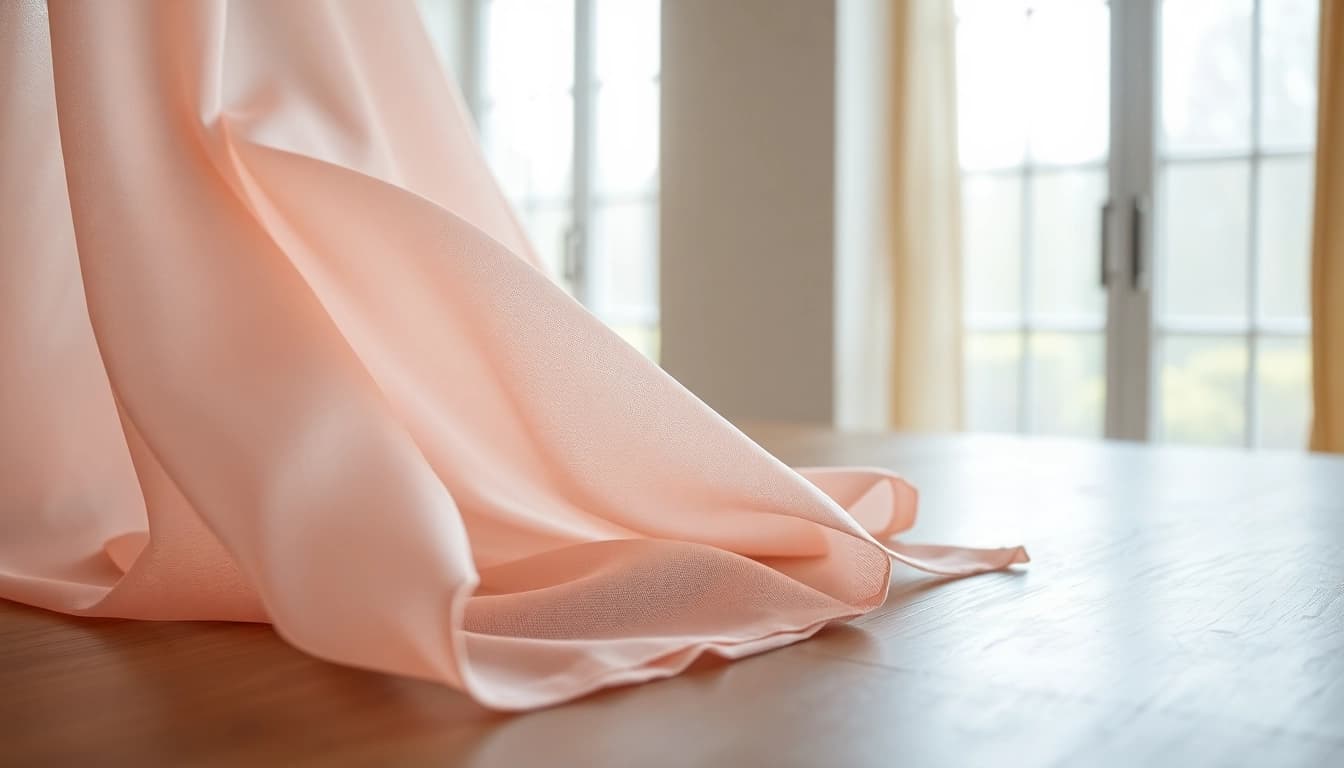 Mousseline stof met delicate textuur en pastelkleuren op een houten tafel.