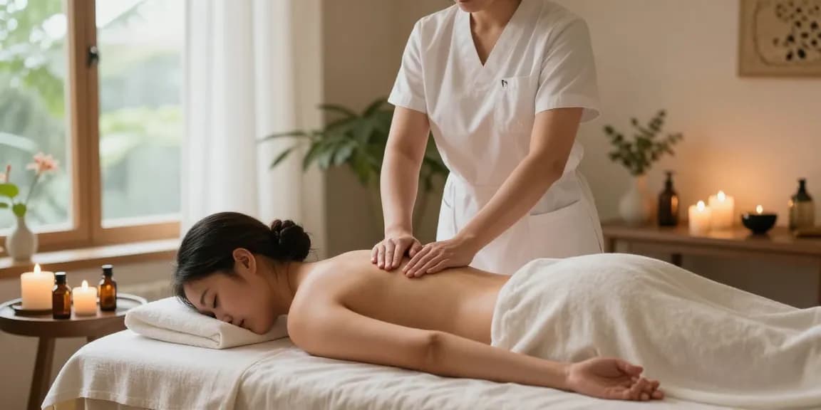 Therapist performing a soothing 마사지 in a serene spa environment with natural light and calming decor.