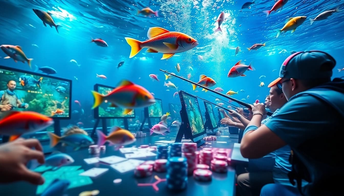 Catching vibrant fish in bắn cá đổi thưởng game atmosphere with casino elements.