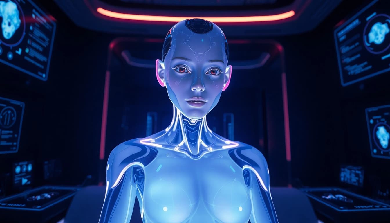 AI sex chatbot in a futuristic, ethereal setting with digital interfaces.