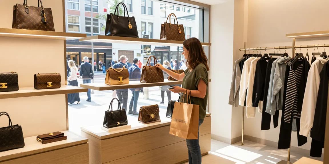Engaging shopper exploring high-quality 레플리카 쇼핑몰 luxury replica items in vibrant retail environment.