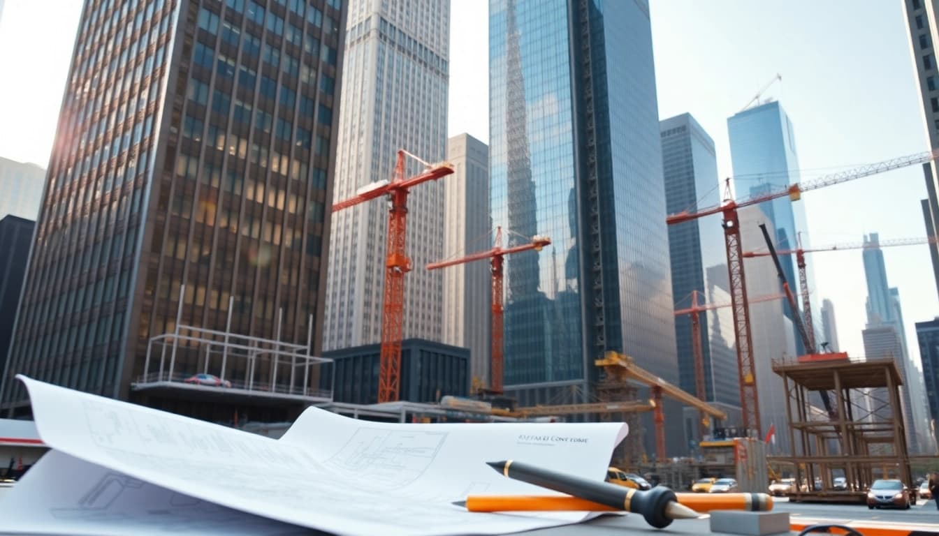 New York Commercial General Contractor supervising a bustling construction site.