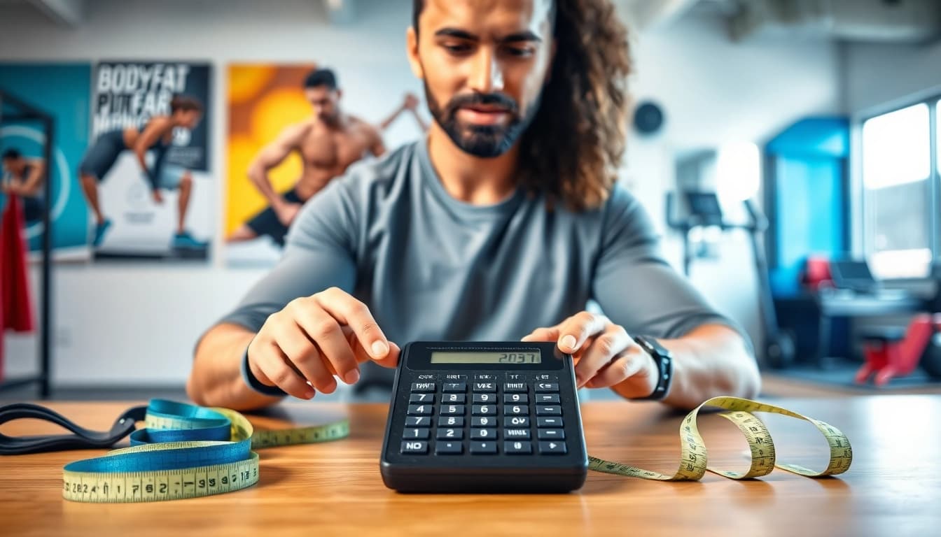 Using a body fat percentage calculator to assess fitness levels with supporting tools in focus.