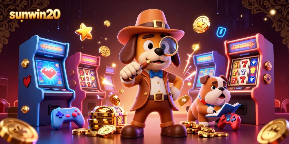 Experience the thrill of sunwin20 with a detective uncovering winning poker chip treasures amid vibrant gaming elements.