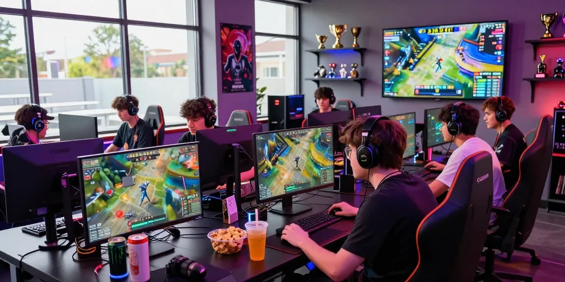 Engaged players in a dynamic esports environment featuring live gameplay in a modern gaming studio, inviting readers to 閱讀更多 about online gaming.