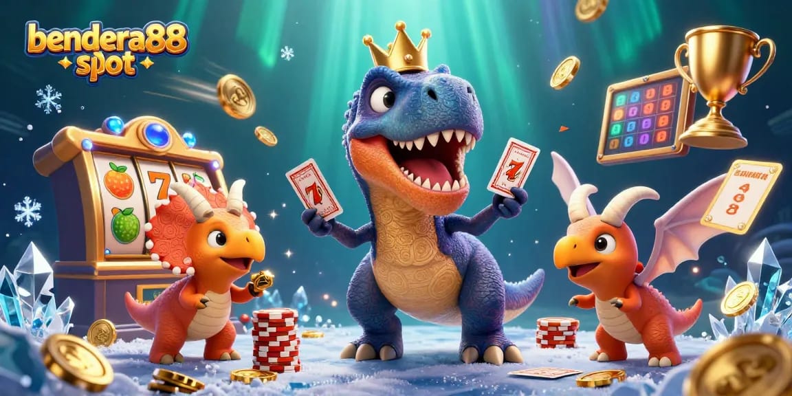 bendera88 slot menghadirkan T-Rex yang bermain kartu, triceratops menumpuk chip emas, dan elemen kasino yang dinamis.
