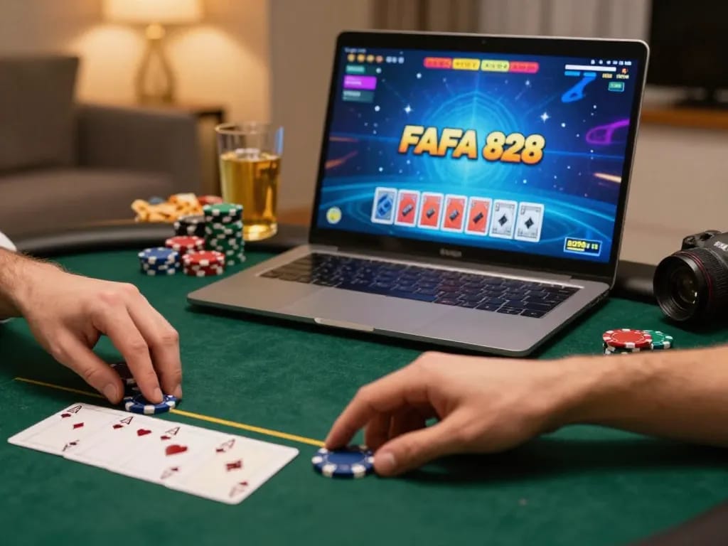FAFA 828 online poker player calculating strategies during an intense game night.