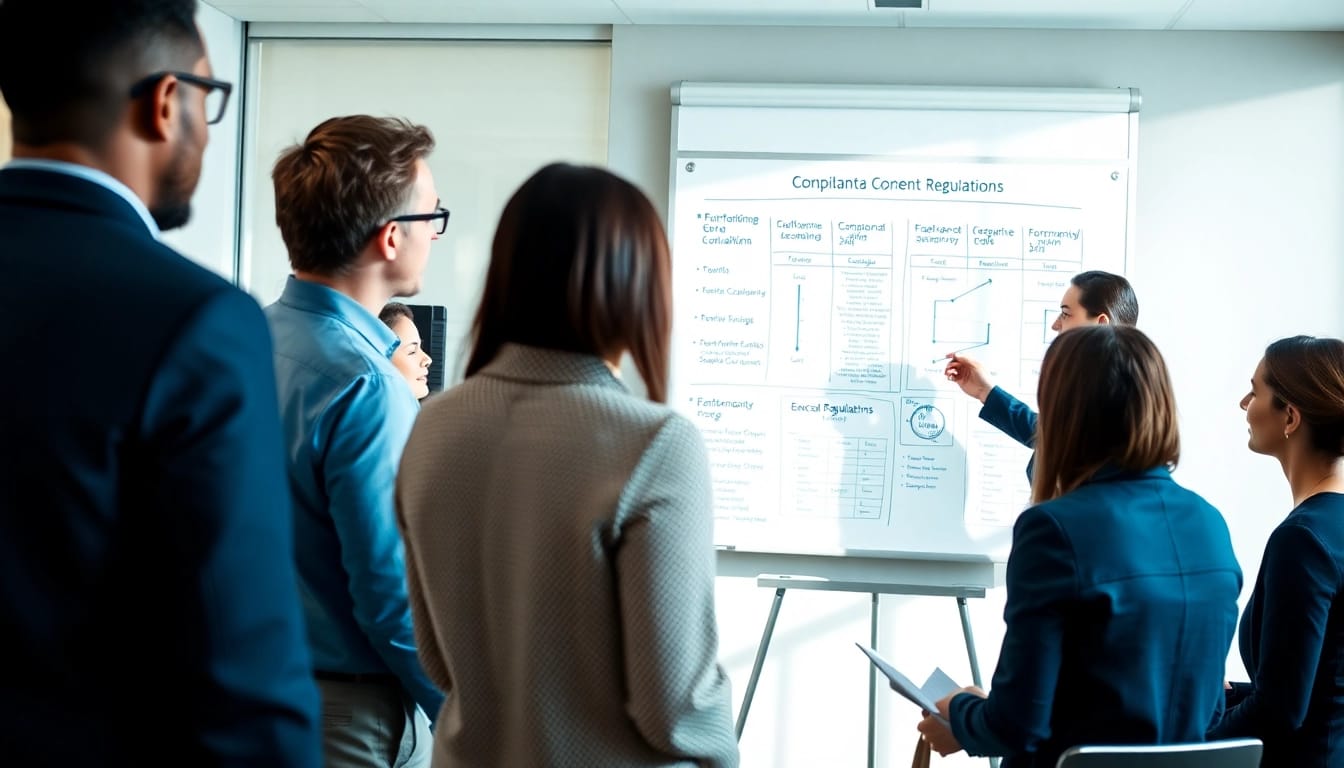 Consultants discussing FCPA/DCAA/Flowdown/ITAR/EAR compliance strategies in a modern office setting.