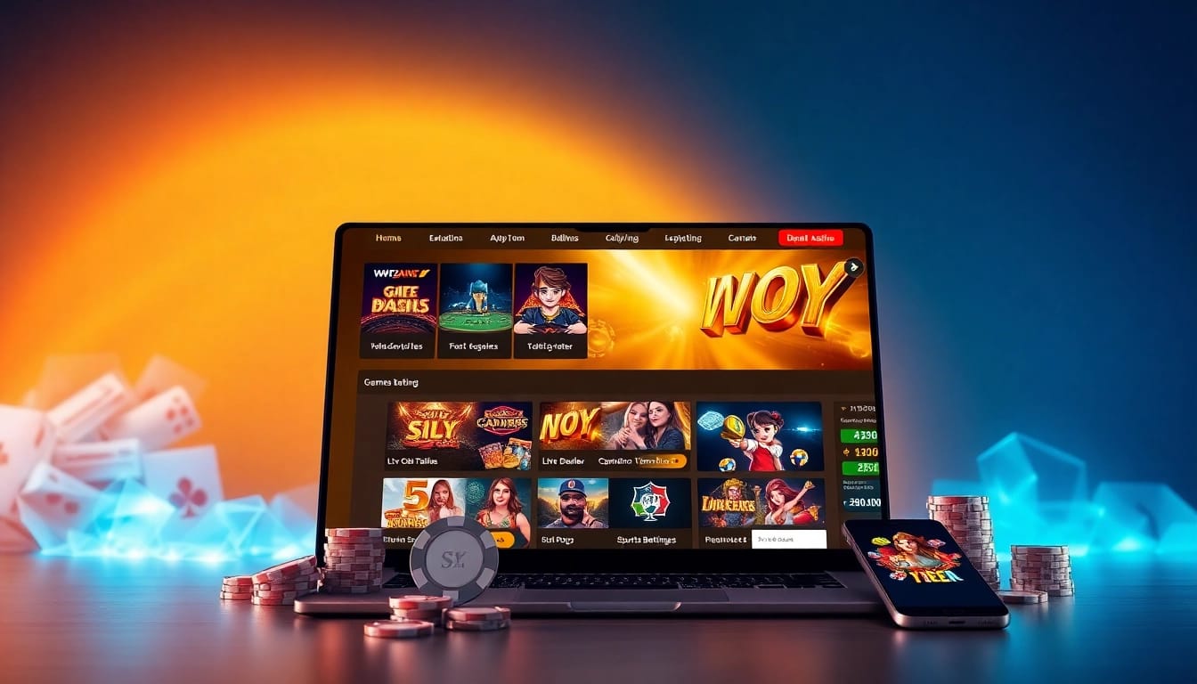 Interactive homepage of https://whycazino.com showcasing vibrant casino games and sports betting.