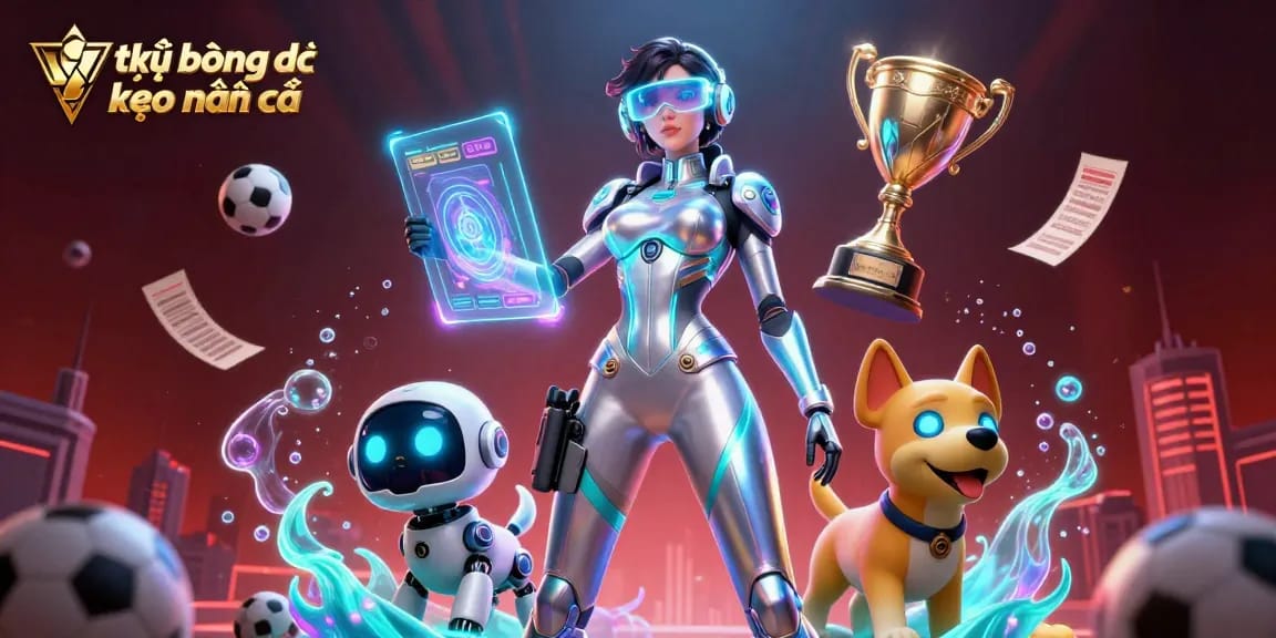 Visualize tỷ lệ bóng đá kèo nhà cái in a dynamic scene showcasing a futuristic woman and robot dog amidst sports betting elements.