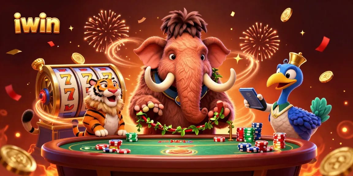 Experience iwin's dynamic casino atmosphere with plush 3D characters and gaming elements.