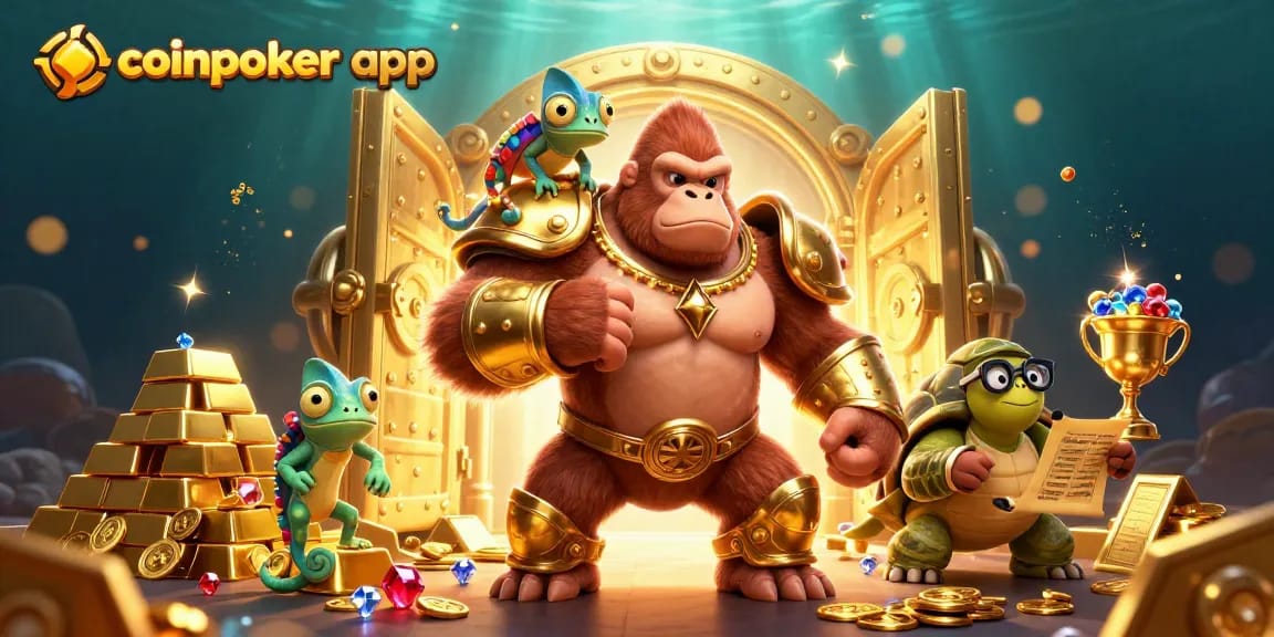 Découvrez l'application CoinPoker avec un roi gorille et un caméléon, dans une scène de casino dynamique.