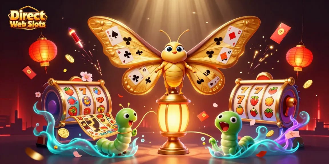 Engage in Direct Web Slots action with a vivid illustration of a golden moth and slot symbols.
