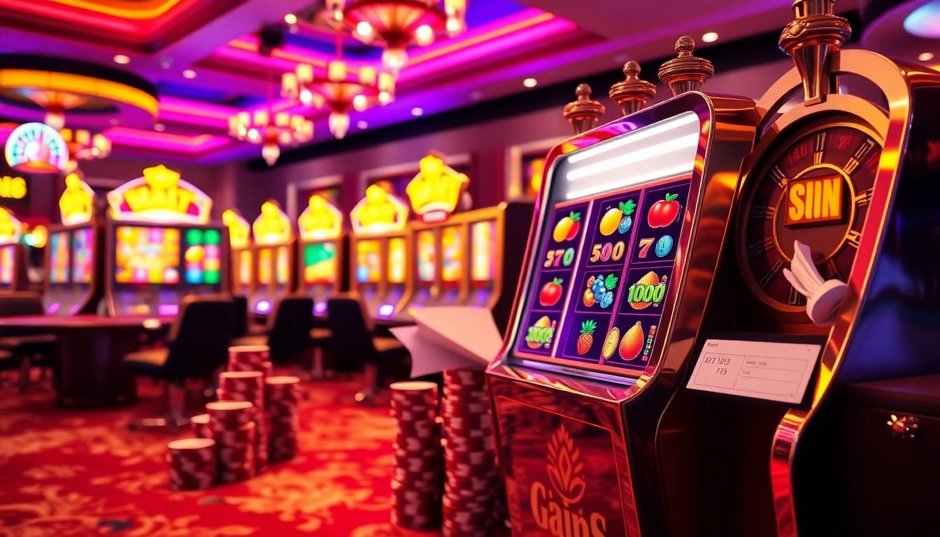 Adegan menarik yang menampilkan mesin slot Utama4D yang berwarna-warni dan keping poker dalam suasana kasino mewah.