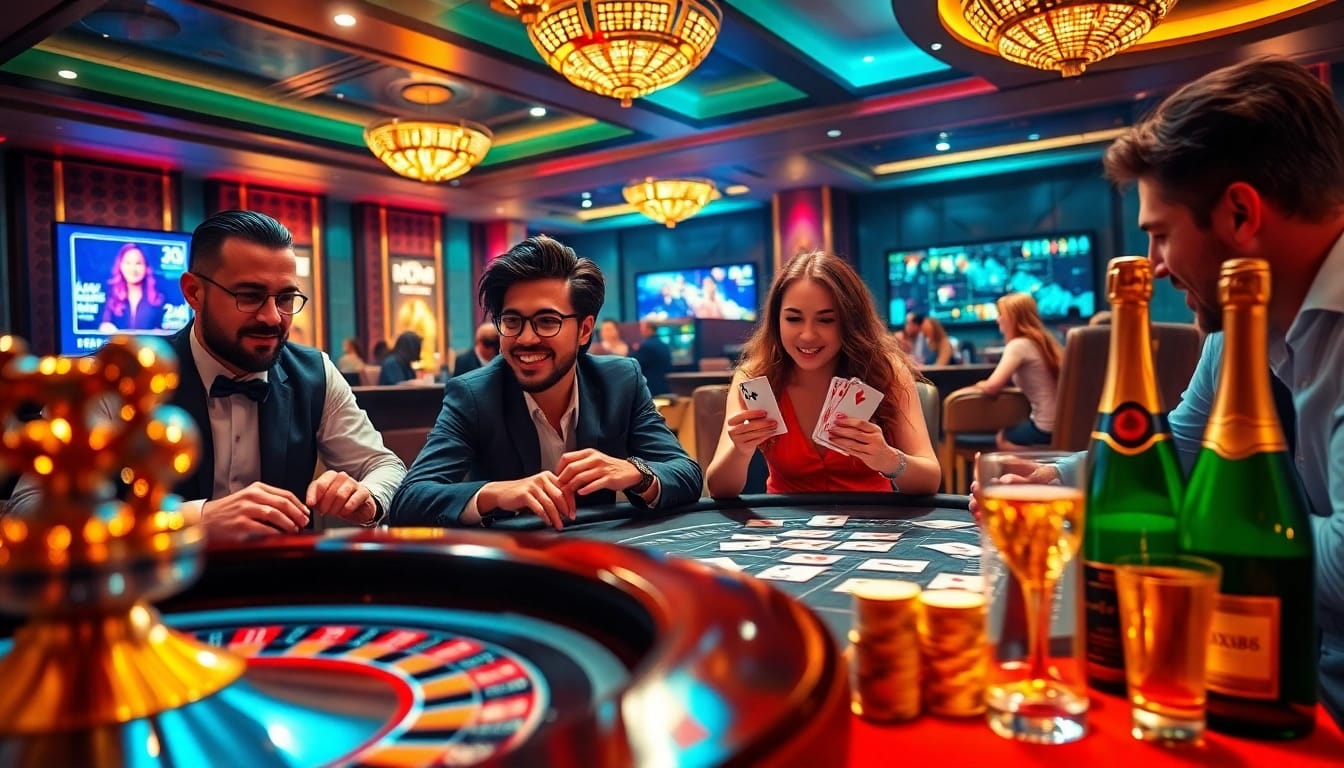 Exciting casino atmosphere featuring a roulette wheel and poker game at https://xx88.pizza/ with vibrant players and luxury details.