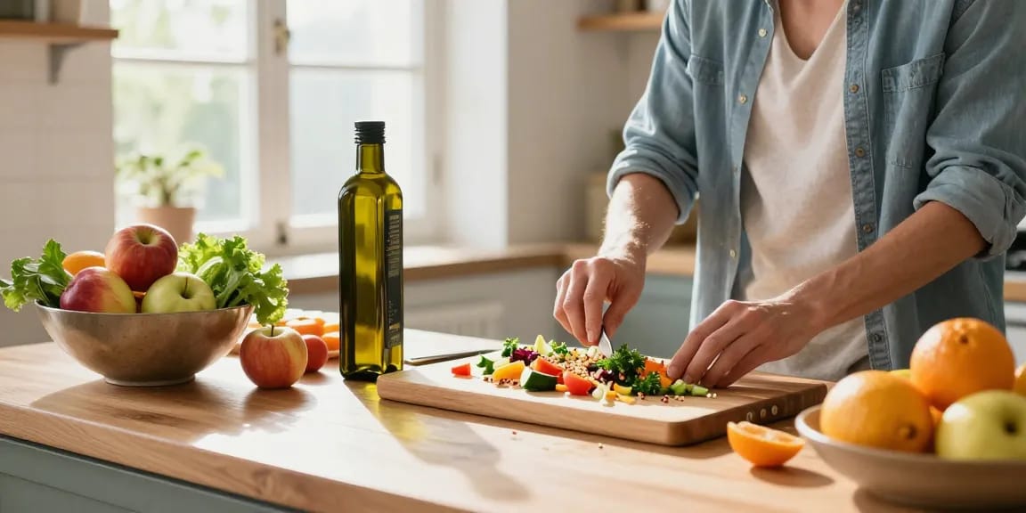 Home cook creating a vibrant salad highlighting the best food tracker ingredients, inspired by fresh vegetables and herbs