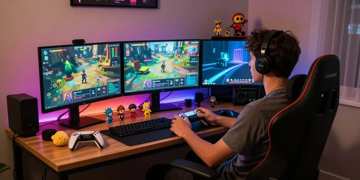 Engaging NSFW AI gaming setup with immersive screens and collectibles.
